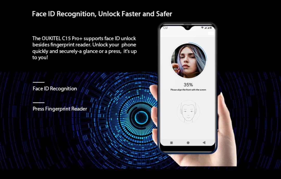 Oukitel C15 Pro Plus - функции Face ID и Fingerprint ID